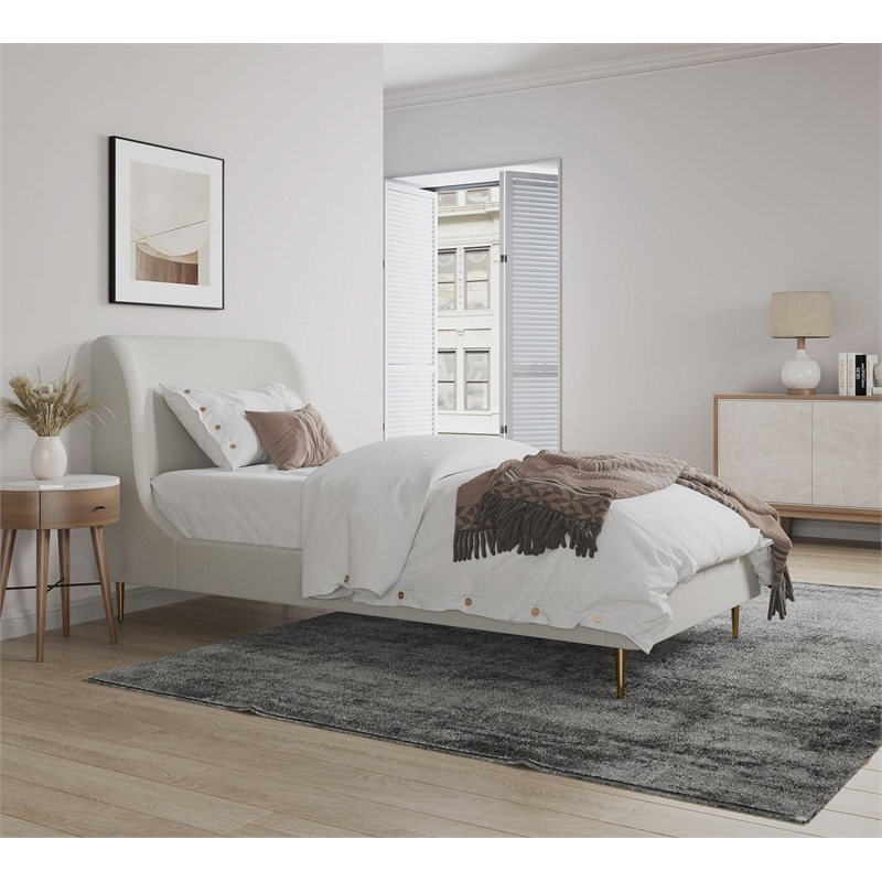 Manhattan Comfort Heather Modern Velvet/Foam Twin Bed in Cream/Gold
