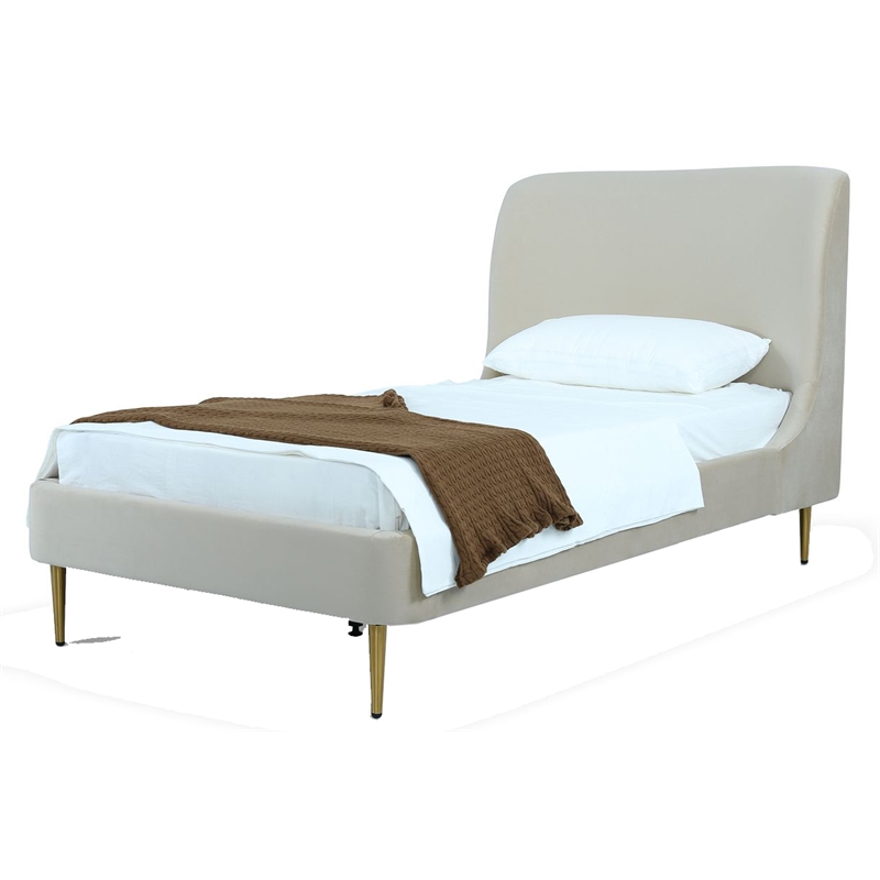 Manhattan Comfort Heather Modern Velvet/Foam Twin Bed in Cream/Gold