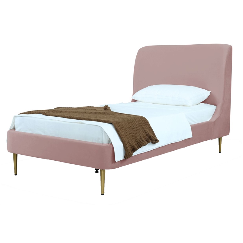 Manhattan Comfort Heather Modern Velvet/Foam Twin Bed in Blush Pink/Gold