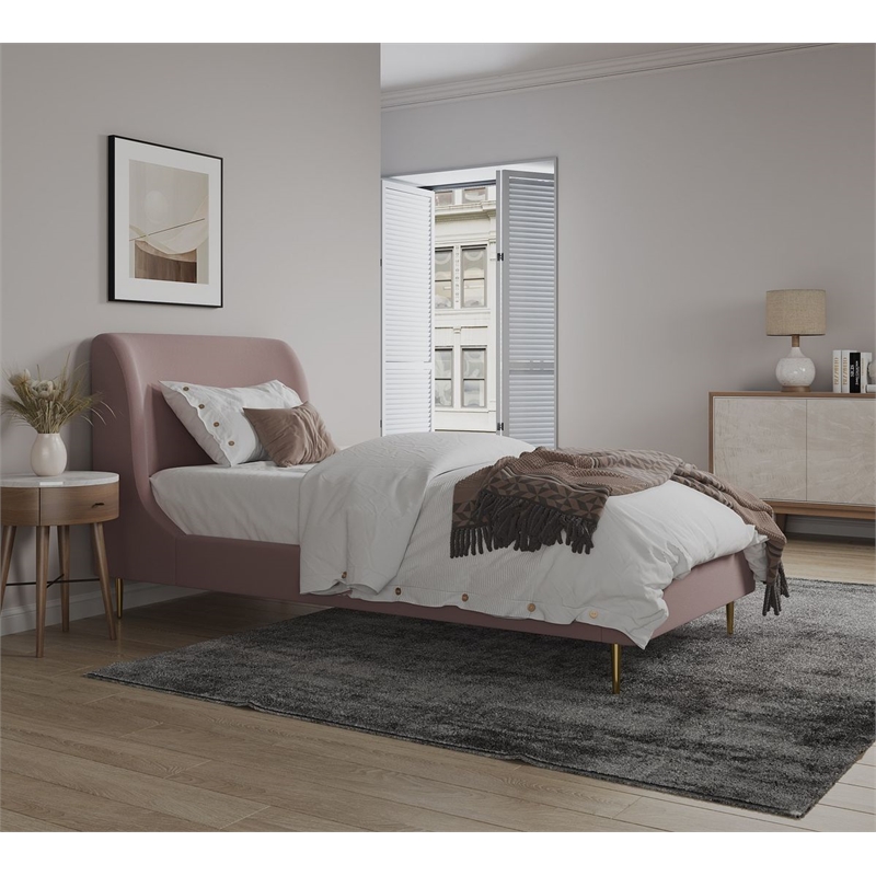Manhattan Comfort Heather Modern Velvet/Foam Twin Bed in Blush Pink/Gold