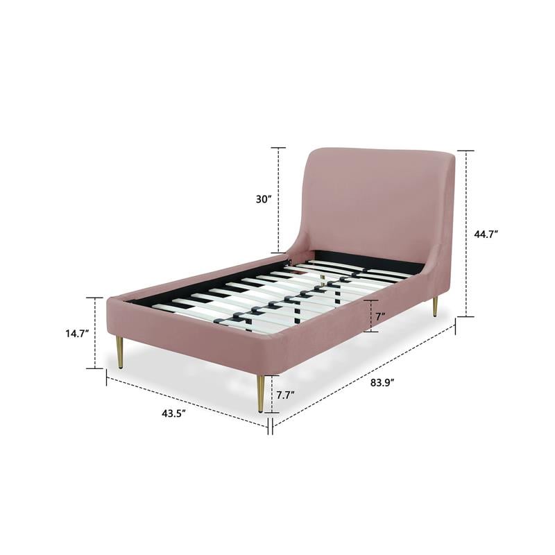 Manhattan Comfort Heather Modern Velvet/Foam Twin Bed in Blush Pink/Gold