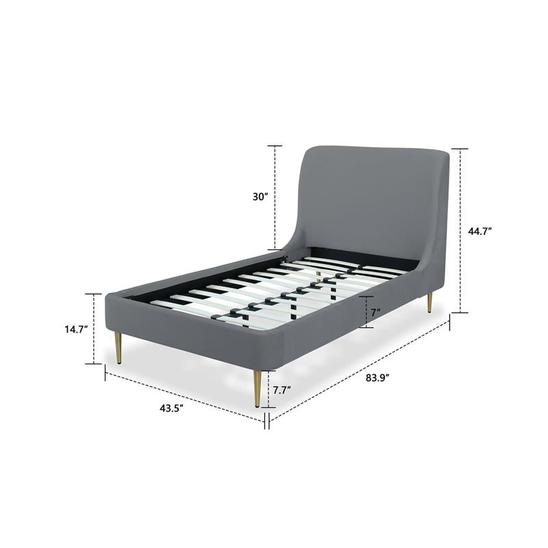 Manhattan Comfort Heather Modern Velvet/Foam Twin Bed in Gray/Gold