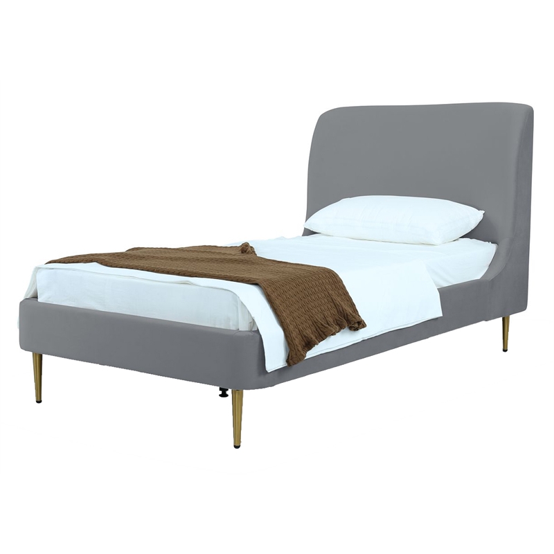 Manhattan Comfort Heather Modern Velvet/Foam Twin Bed in Gray/Gold