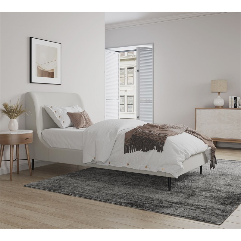 Manhattan Comfort Heather Modern Velvet/Foam Twin Bed in Cream/Black