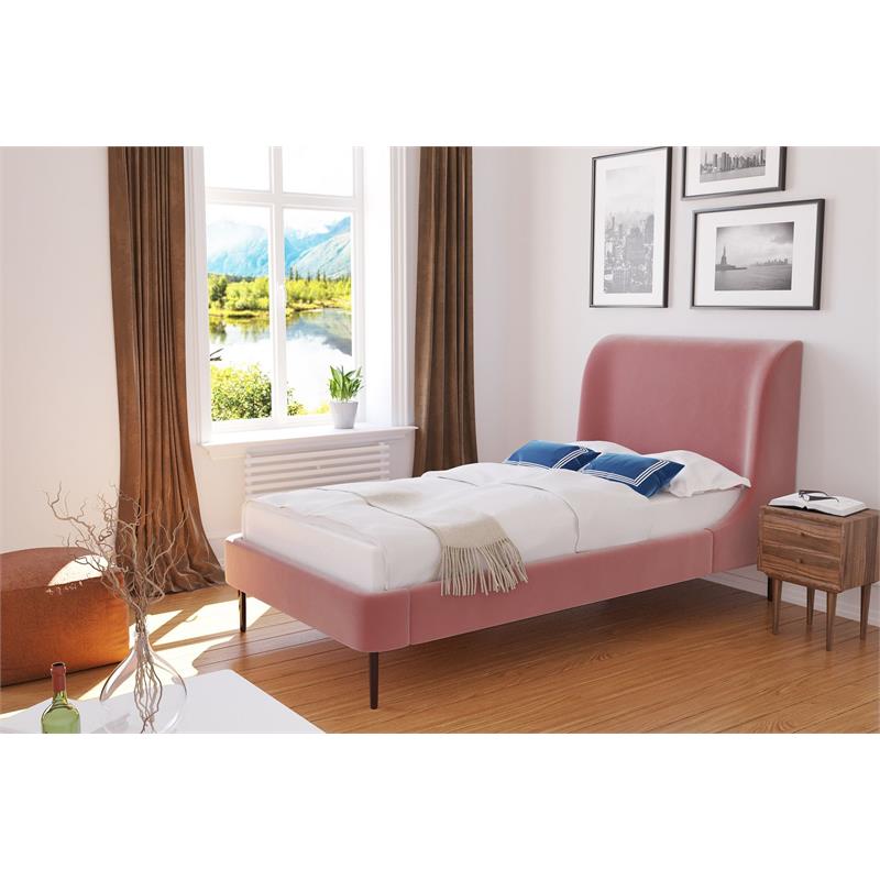 Manhattan Comfort Heather Modern Velvet/Foam Twin Bed in Blush Pink/Black
