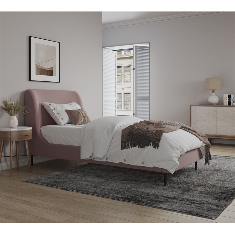 Manhattan Comfort Heather Modern Velvet/Foam Twin Bed in Blush Pink/Black