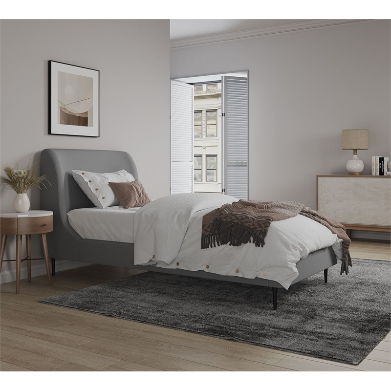 Manhattan Comfort Heather Modern Velvet/Foam Twin Bed in Gray/Black