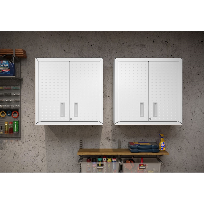 Manhattan Comfort Fortress Metal Floating Garage Cabinets in White (Set of 2)