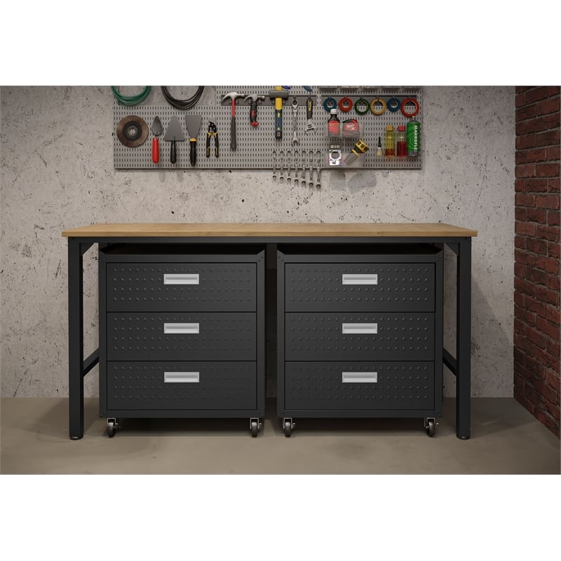Manhattan Comfort Fortress 3-Piece Wood Garage Cabinet Set 6.0 in Charcoal