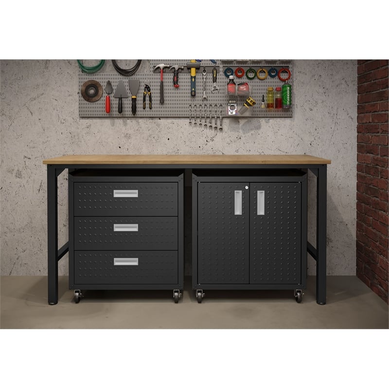 Manhattan Comfort Fortress 3-Piece Wood Garage Cabinet Set 3.0 in Charcoal