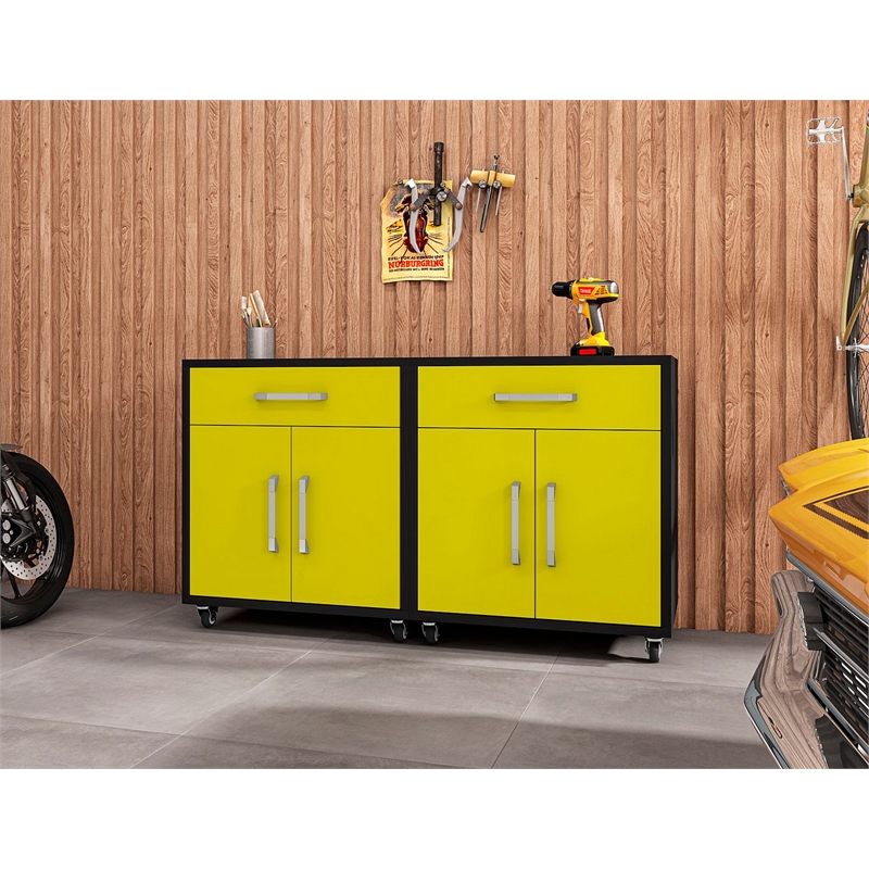 Manhattan Comfort Eiffel 2-Piece Wood Mobile Garage Cabinets in Yellow