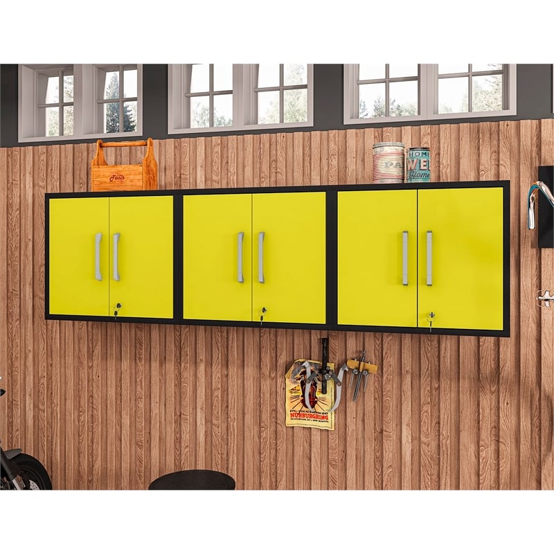 Manhattan Comfort Eiffel 3-Piece Wood Floating Garage Cabinets in Yellow