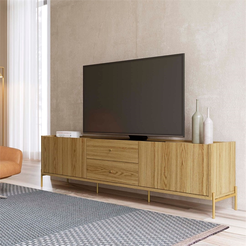 Manhattan Comfort Jasper 72.91 TV Stand with Steel Gold Legs in Oak Pro Touch