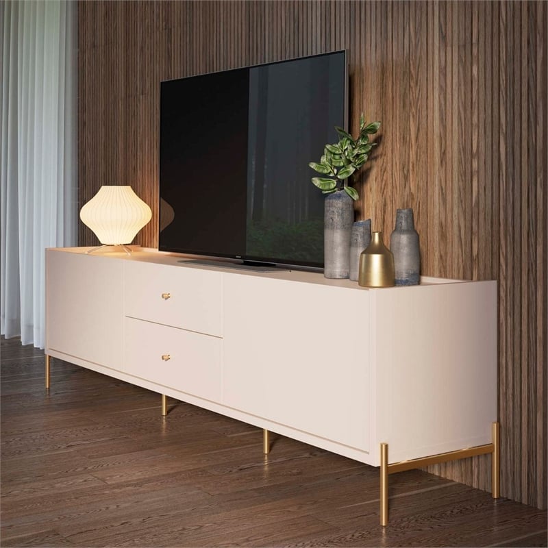 Manhattan Comfort Jasper 86.69 TV Stand with Steel Gold Legs in Off White Matte