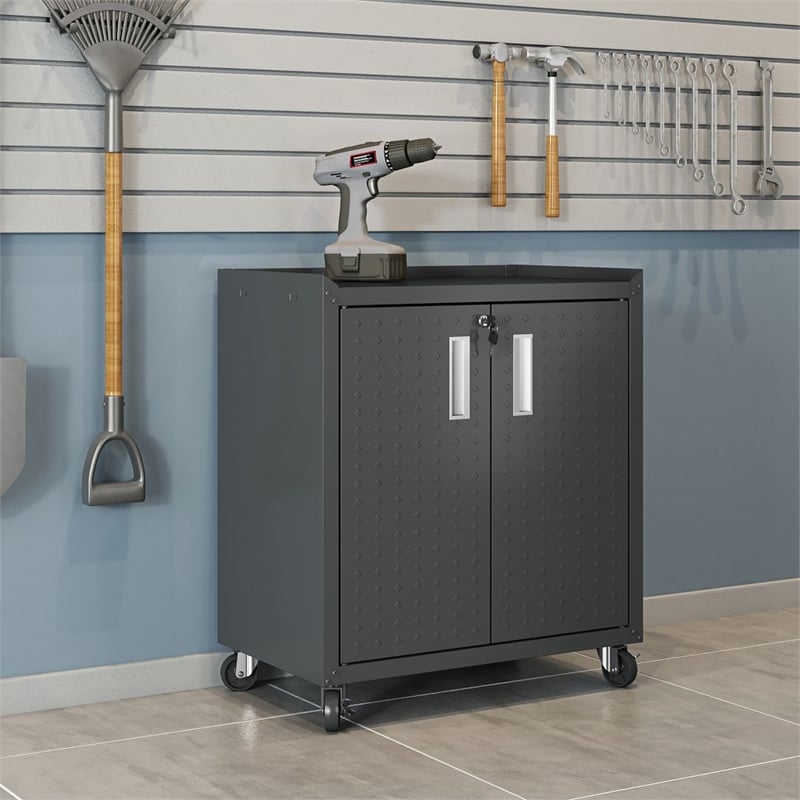 Manhattan Comfort Fortress Metal Mobile Garage Cabinet with Shelves in Charcoal