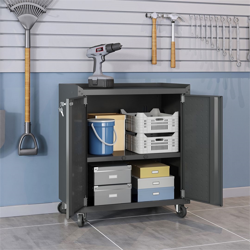 Manhattan Comfort Fortress Metal Mobile Garage Cabinet with Shelves in Charcoal