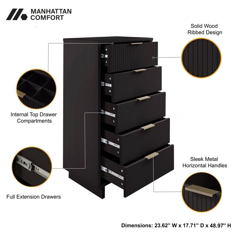 Manhattan Comfort Granville Tall & Narrow Engineered Wood Dresser in Black