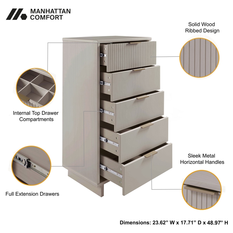 Manhattan Comfort Granville Tall & Narrow Engineered Wood Dresser in Light Gray
