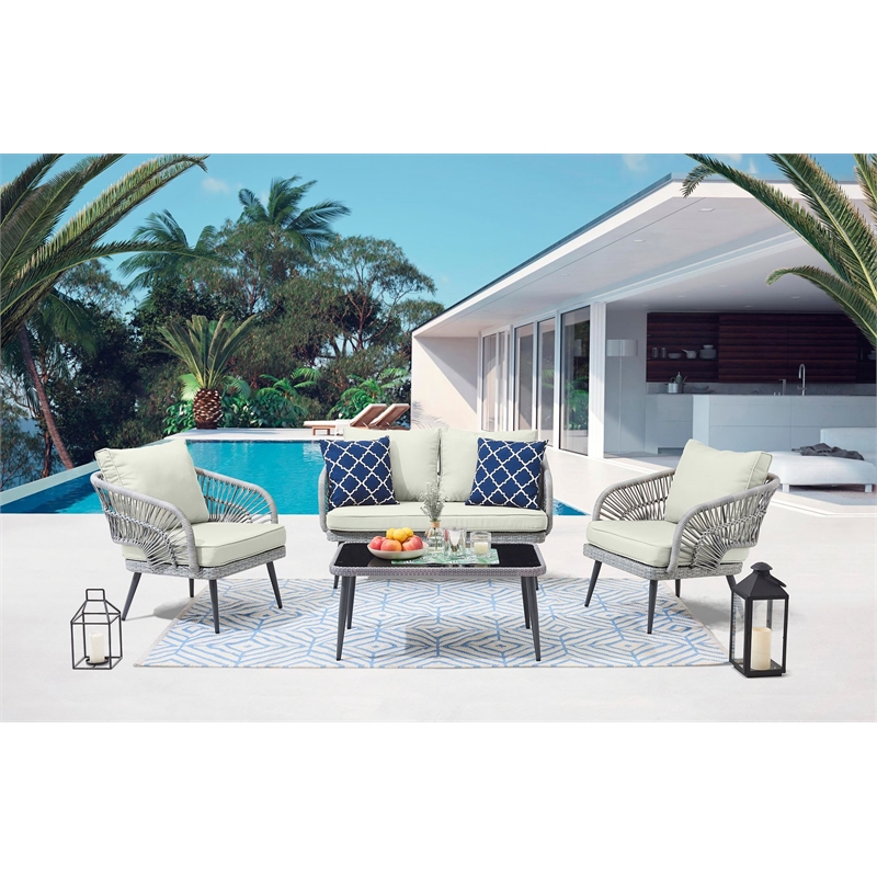 Manhattan Comfort Riviera 4-Piece Rattan Patio Conversation Set in Gray/Cream