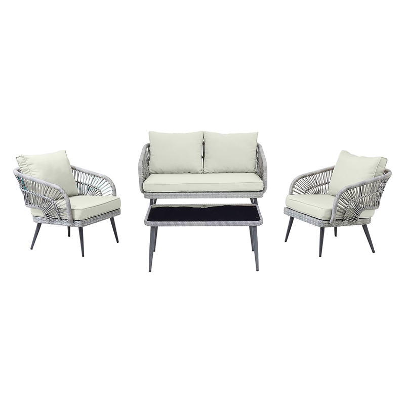 Manhattan Comfort Riviera 4-Piece Rattan Patio Conversation Set in Gray/Cream