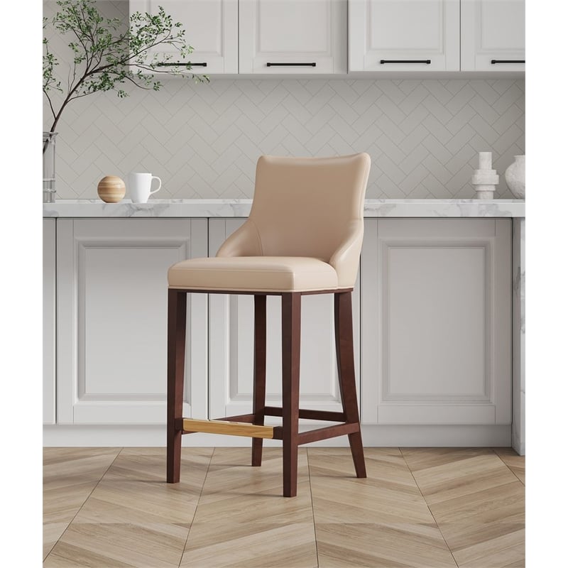 Manhattan Comfort Shubert Barstool with Solid Wood Frame in Tan