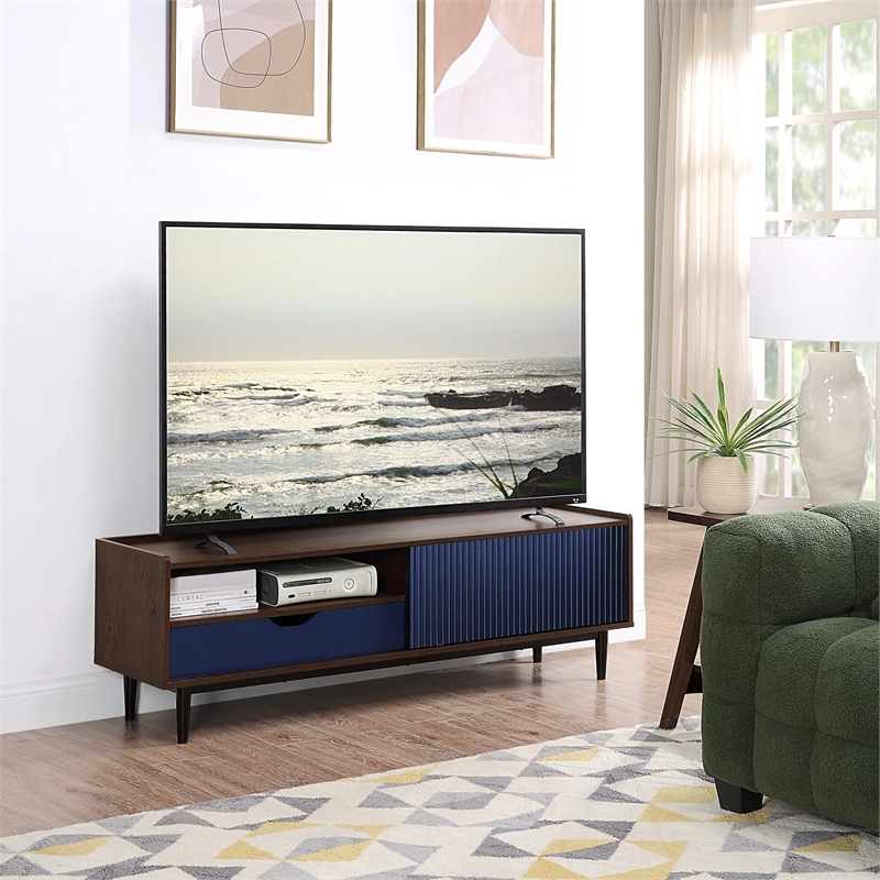 Manhattan Comfort Duane TV Stand from Engineered Wood in Dark Brown & Navy Blue