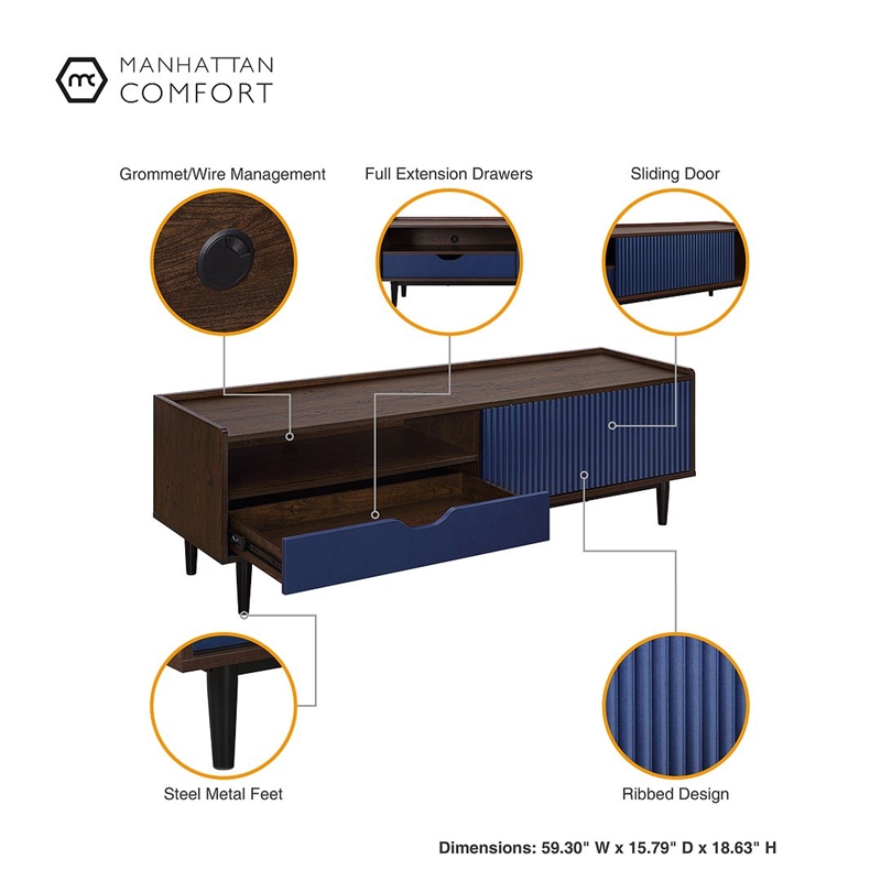 Manhattan Comfort Duane TV Stand from Engineered Wood in Dark Brown & Navy Blue