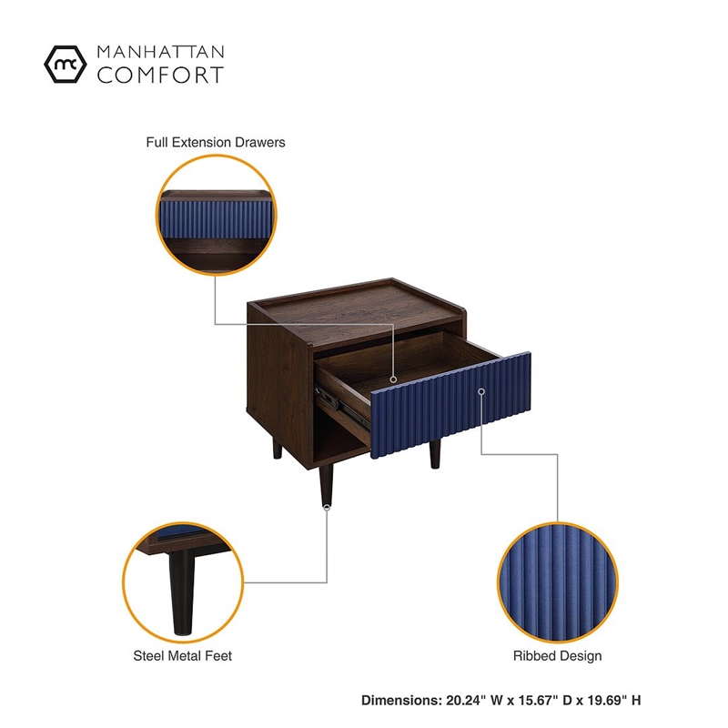 Manhattan Comfort Duane Nightstand from Engineered Wood - Dark Brown & Navy Blue