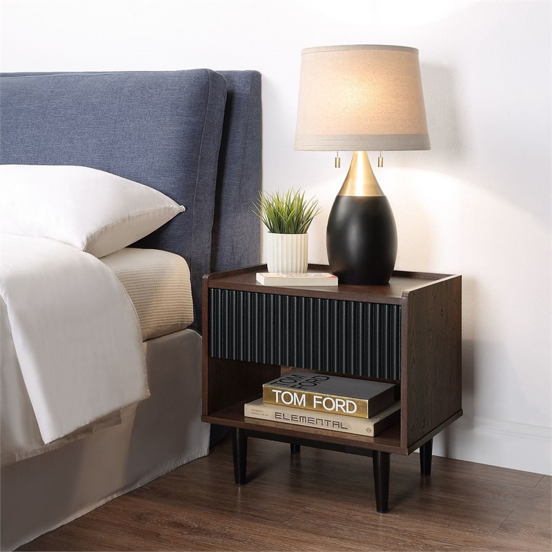 Manhattan Comfort Duane Nightstand from Engineered Wood in Dark Brown and Black