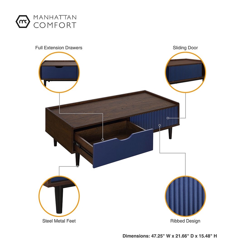 Manhattan Comfort Duane Coffee Table - Engineered Wood - Dark Brown & Navy Blue