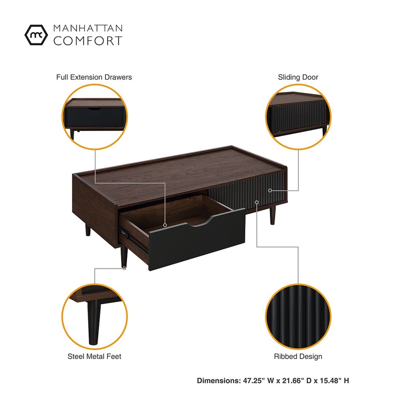 Manhattan Comfort Duane Coffee Table - Engineered Wood - Dark Brown & Black