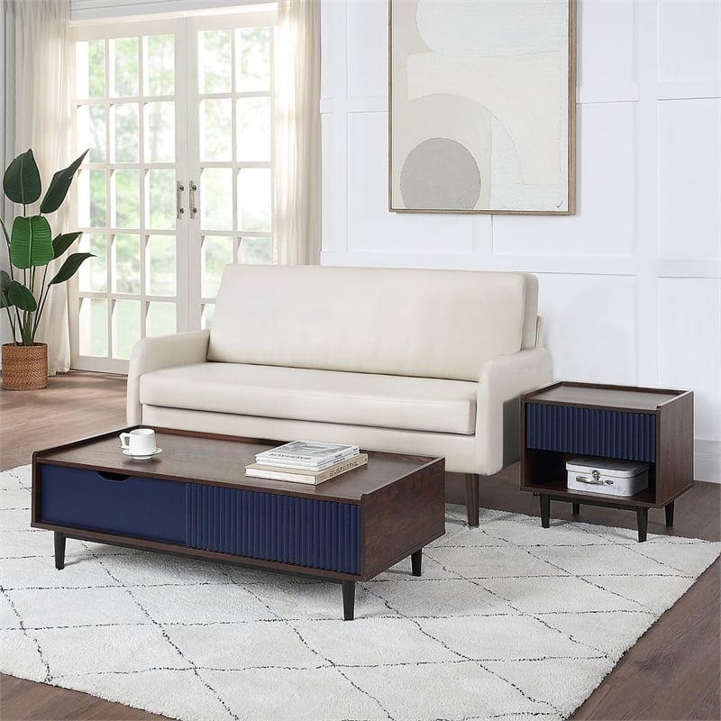 Duane End Table and Coffee Table from Engineered Wood in Dark Brown & Navy Blue
