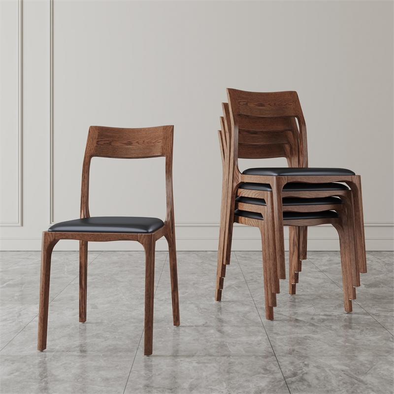 Moderno Stackable Dining Chair with Solid Wood Frame in Walnut & Black- Set of 2