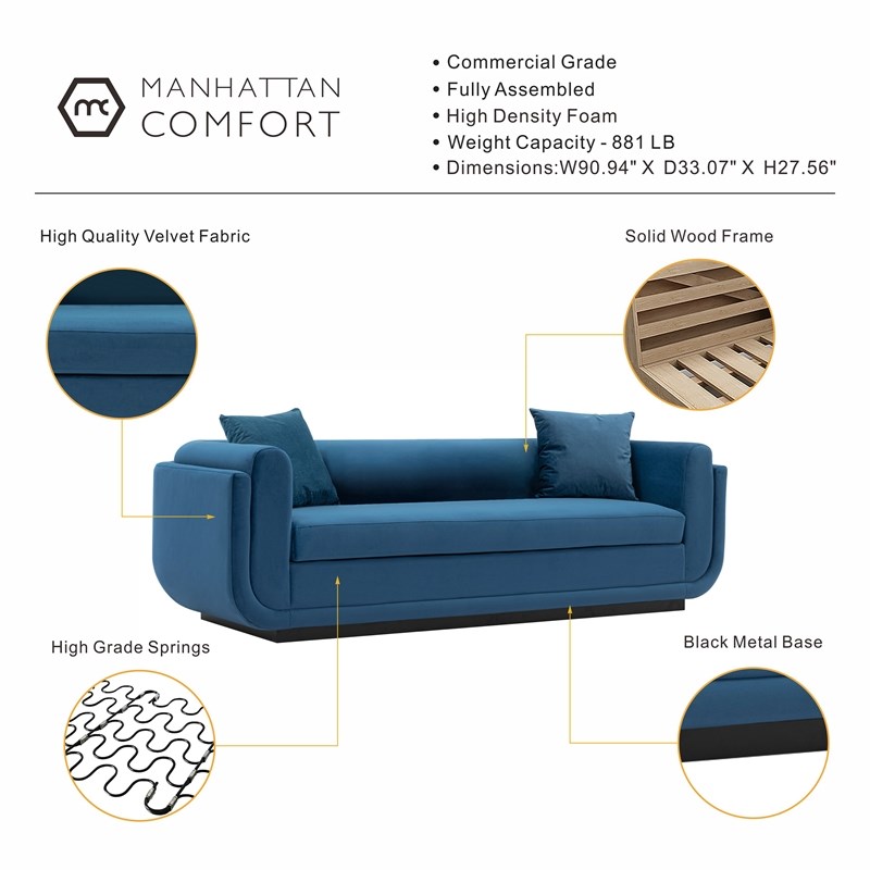 Manhattan Comfort Edmonda Sofa with Solid Wood Frame in Sapphire Blue
