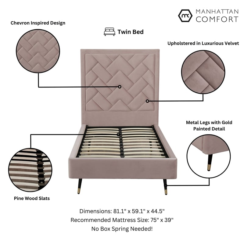 Manhattan Comfort Crosby Solid Wood Frame Twin-Size Bed in Blush