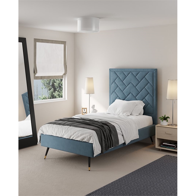 Manhattan Comfort Crosby Solid Wood Frame Twin-Size Bed in Blue