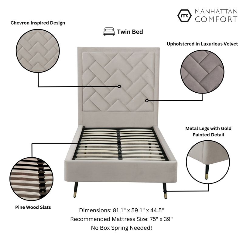Manhattan Comfort Crosby Solid Wood Frame Twin-Size Bed in Beige