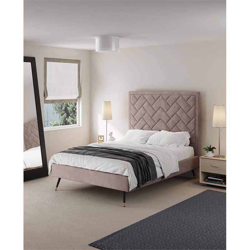 Manhattan Comfort Crosby Full-Size Bed with Solid Wood Frame in Blush