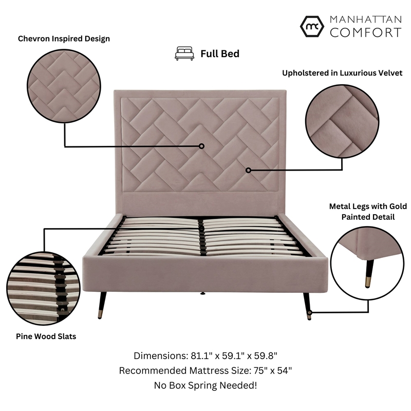 Manhattan Comfort Crosby Full-Size Bed with Solid Wood Frame in Blush