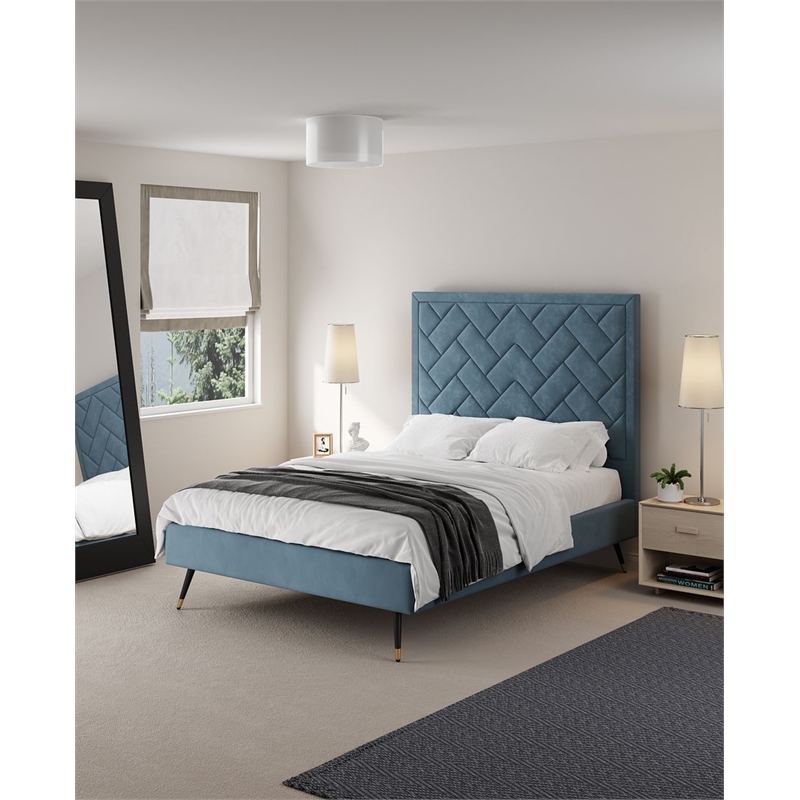 Manhattan Comfort Crosby Full-Size Bed with Solid Wood Frame in Blue