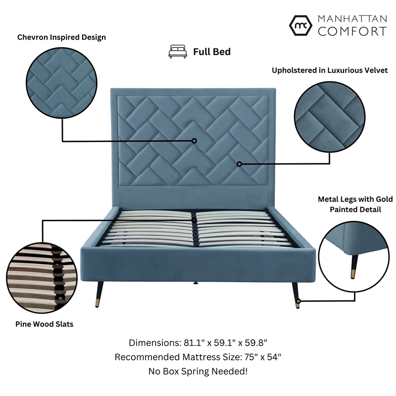 Manhattan Comfort Crosby Full-Size Bed with Solid Wood Frame in Blue