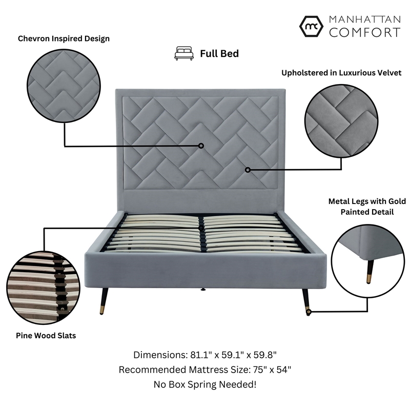 Manhattan Comfort Crosby Full-Size Bed with Solid Wood Frame in Gray