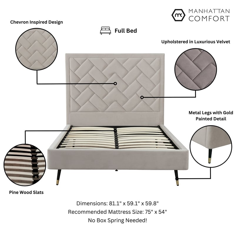 Manhattan Comfort Crosby Full-Size Bed with Solid Wood Frame in Beige