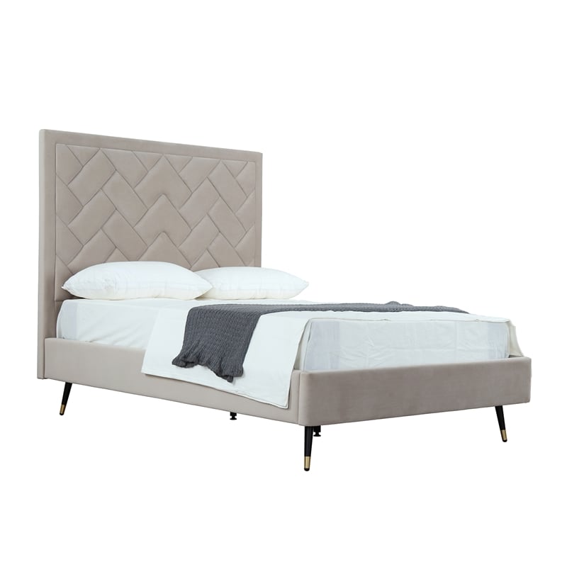 Manhattan Comfort Crosby Full-Size Bed with Solid Wood Frame in Beige