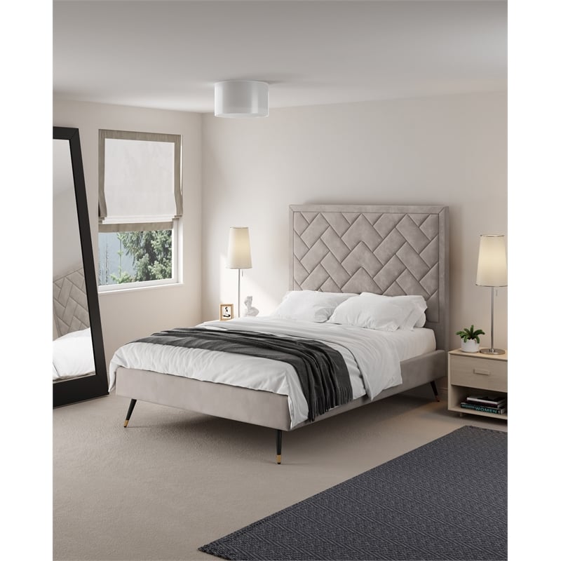 Manhattan Comfort Crosby Full-Size Bed with Solid Wood Frame in Beige