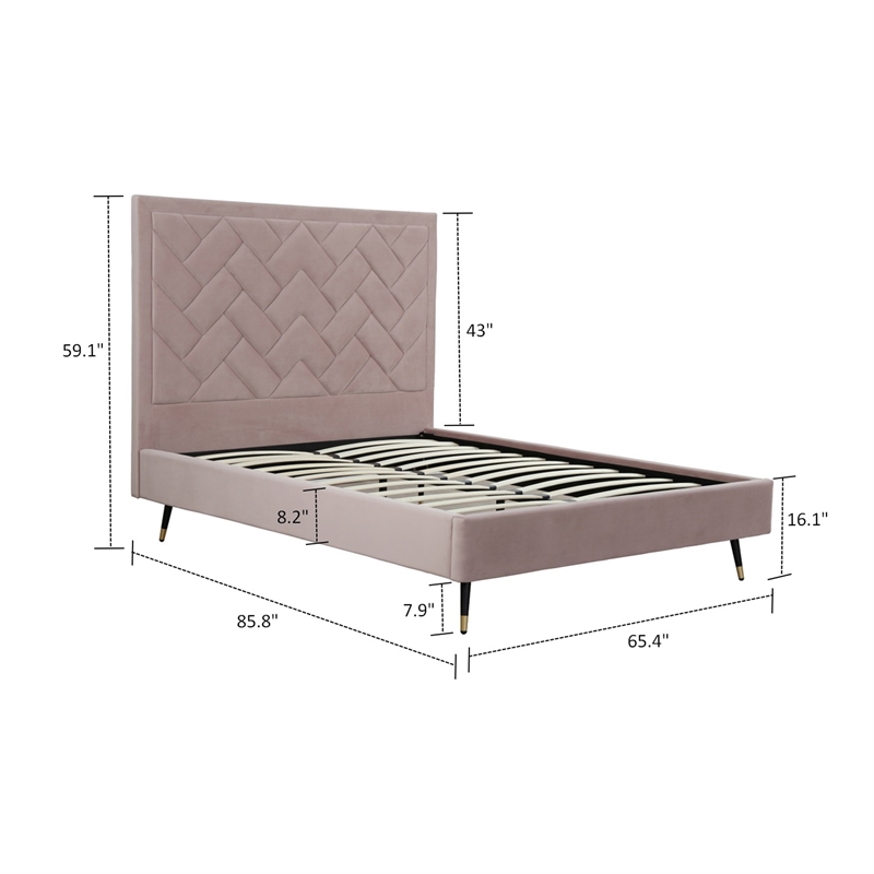 Manhattan Comfort Crosby Queen-Size Bed with Solid Wood Frame in Blush