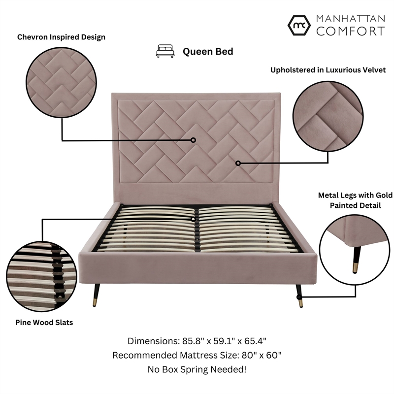 Manhattan Comfort Crosby Queen-Size Bed with Solid Wood Frame in Blush