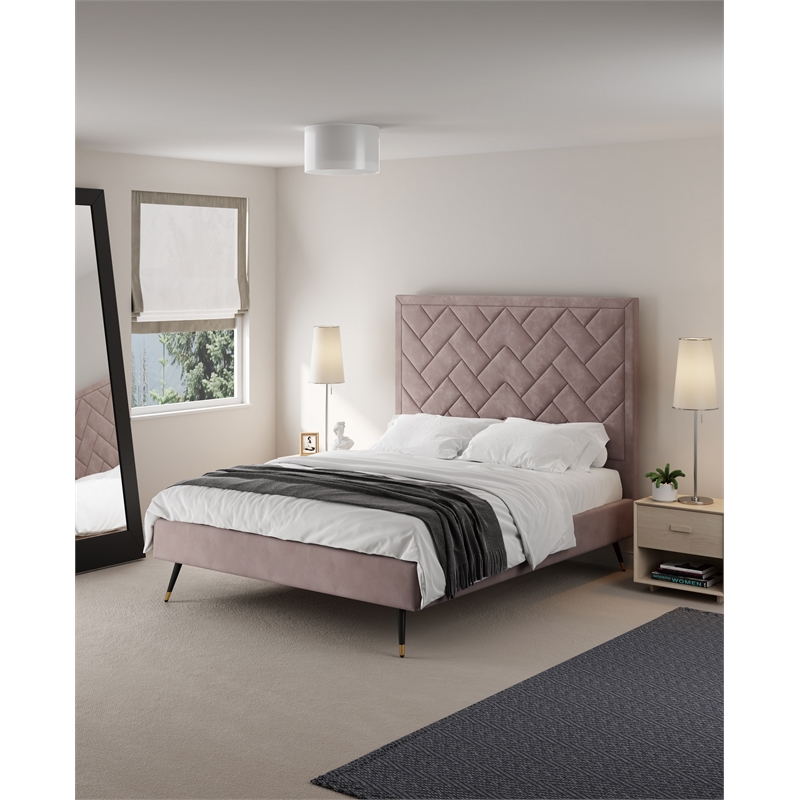 Manhattan Comfort Crosby Queen-Size Bed with Solid Wood Frame in Blush