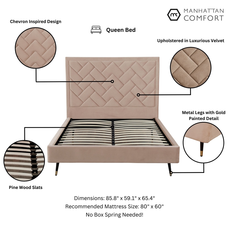 Manhattan Comfort Crosby Queen-Size Bed with Solid Wood Frame in Cream