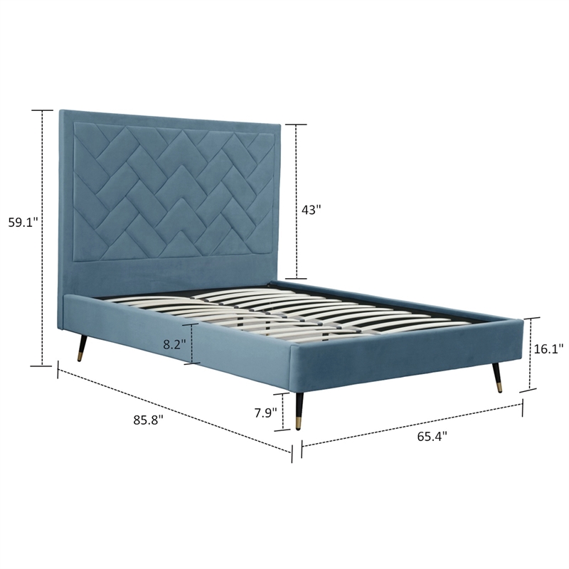 Manhattan Comfort Crosby Queen-Size Bed with Solid Wood Frame in Blue